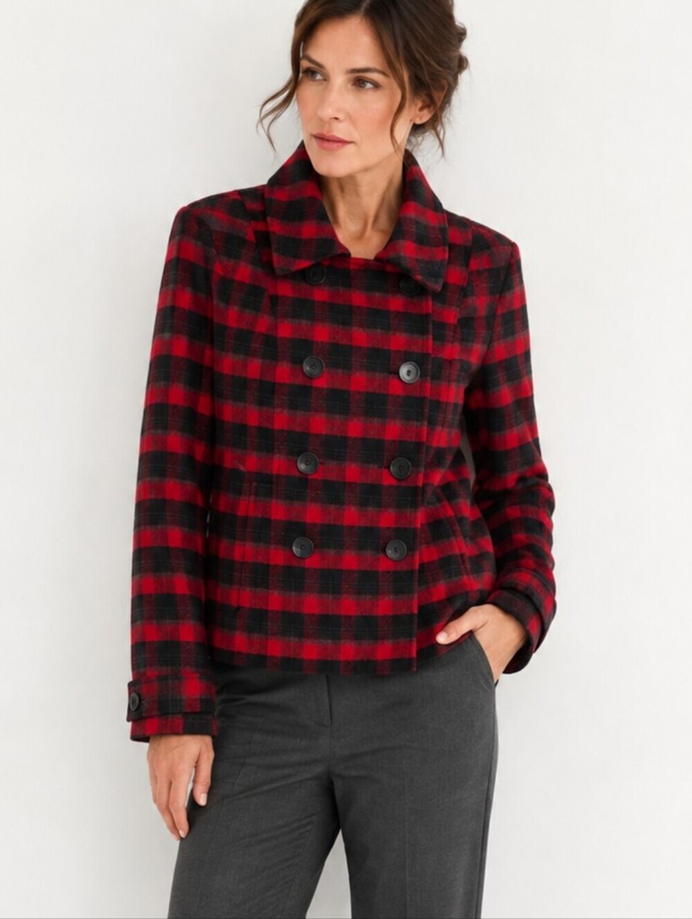 Cabi Snow Valley Red Plaid Double Breasted Jacket #3852